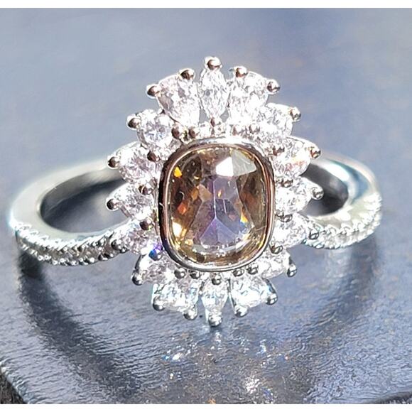 Rhodium Plated Simulated Diamond Halo Ring - Size 9 - Elegant Statement Piece - Picture 1 of 13